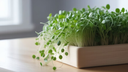 Microgreen sprouts on wooden table, closeup. Healthy lifestyle. Healthy food concept. Generative AI