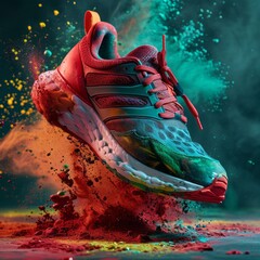 A sports sneaker in clouds of colorful dust with bright multi-colored splashes of paint. Modern sports shoes on a navy blue background. Sneaker advertising, marketing concept.