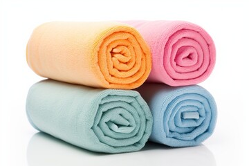 Colorful soft bath towels rolled up on white background