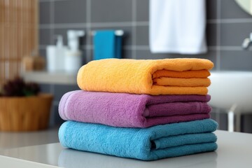 Colorful folded bath towels in bathroom