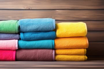 Colorful folded bath towels on wooden background
