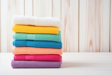 Obraz na płótnie Canvas Colorful folded bath towels on wooden background