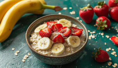 Bowl of oatmeal porridge with strawberry and banana on green table