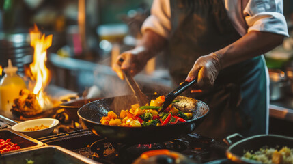 Fototapeta premium Busy chef cooking stir fry in the kitchen