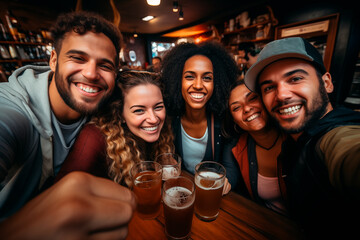 Selfie of a multiethnic group of friends in casual attire having a beer in a bar on the weekend. Five people. Generative AI