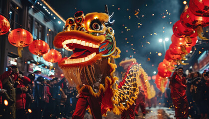 At night people are celebrating the Chinese New Year on the street with a tradional dragon