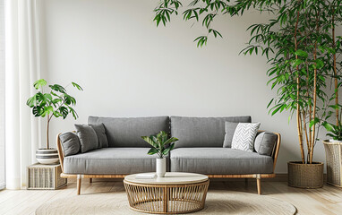 sala de estar com sofa cinza e palmeiras de bambú  - obrazy, fototapety, plakaty