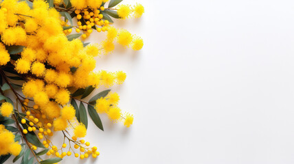 Composition of yellow mimosas on a white background for copy design