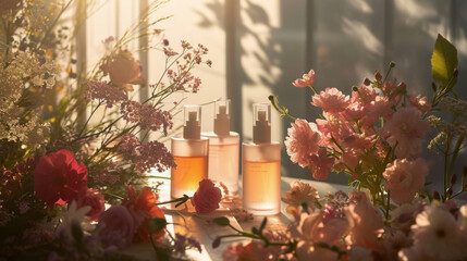 Glossier perfume bottles set in a natural, sunlit setting.