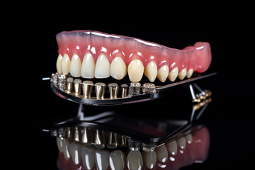 Removable partial denture metal model on a black background with reflection.