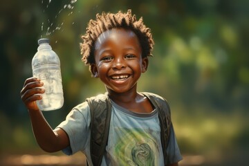 Happy African boy with water bottle in hand - obrazy, fototapety, plakaty