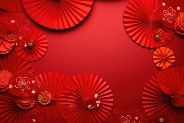 Fototapeta na wymiar Chinese New Year background with red paper fans and flowers with copy space. Asia traditional decoration.