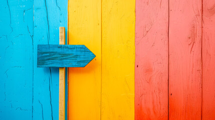 Blue wooden arrow pointing right on a different colored wooden background