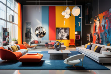 Interior of modern living room with colorful walls, concrete floor, orange and blue sofas and multicolor paintings.