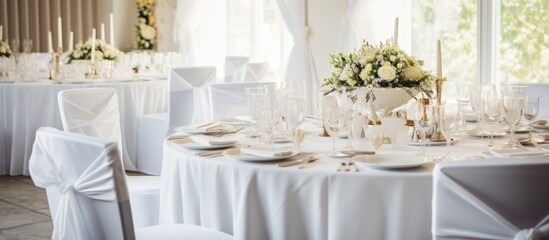 Elegant photo of white tablecloth, round table, candlestick in holiday wedding setting with decorative furniture.