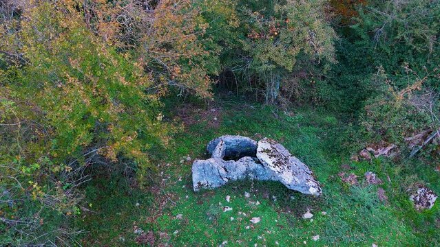 Dolmen in the surroundings of the Sanctuary of San Miguel de Excelsis in the Sierra de Aralar. Aerial view from a drone. Municipality of Uarte Arakil. Navarre. Spain. Europe