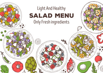 Hand drawn salads. Food top view vector illustration. Healthy eating. Salads collection. Food menu design template. Hand drawn sketch.