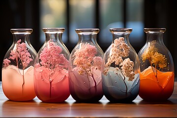 Glittering glue bottles arranged artistically on a peach-colored base, capturing the essence of creativity - obrazy, fototapety, plakaty