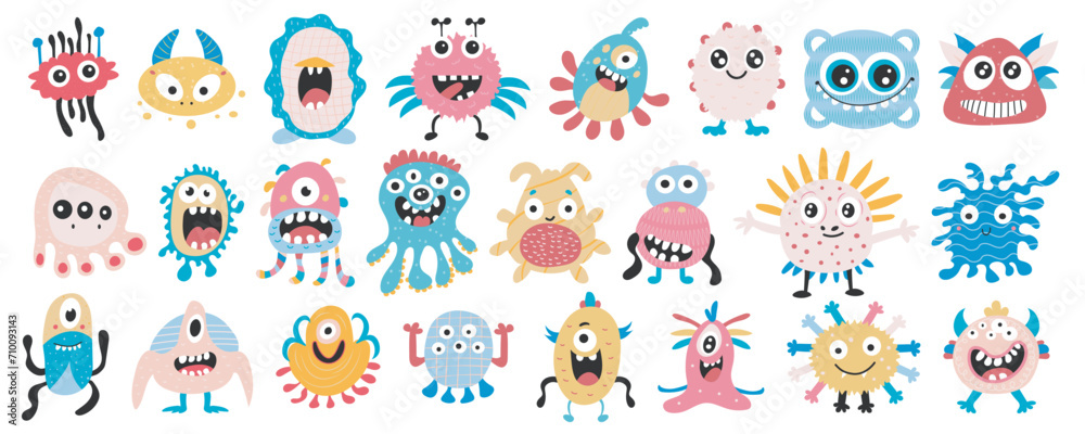 Poster cute monsters mega set in flat design. bundle elements of colourful funny creatures with teeth, eyes