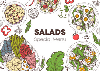 Hand drawn salads. Food top view vector illustration. Healthy eating. Salads collection. Food menu design template. Hand drawn sketch.