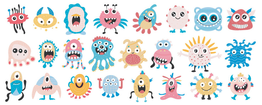 Cute monsters mega set in flat design. Bundle elements of colourful funny creatures with teeth, eyes and faces expressing playful and joyful emotions. Vector illustration isolated graphic objects