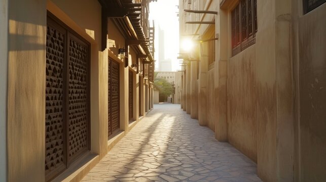 Fototapeta Sunlight Through Passageways At Traditional Buildings Of Al Fahidi Historical Neighbourhood With Cityscape In Background At Dubai UAE. - Dolly Shot    