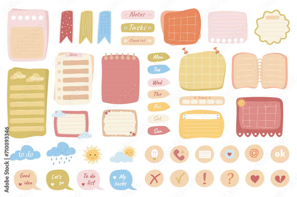 Aufkleber cute sticky notes mega set in flat design. bundle elements of stickers, paper notes, list, decorativ