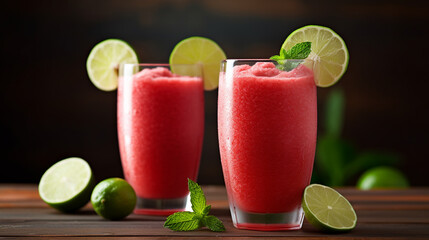 watermelon and lime refreshing drink on a dark background.Generative AI