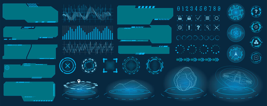 Futuristic user interface mega set in flat design. Bundle elements of gui element dashboard, ui screens templates with buttons, virtual reality holograms. Vector illustration isolated graphic objects
