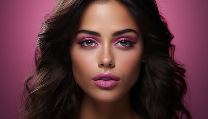Fototapeta premium Beautiful young woman with brown curly hair and pink lipstick generated by AI