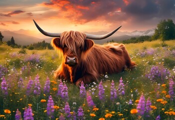 highland cow in flower field in sunset with clouds above it