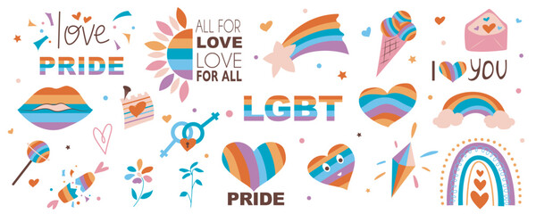 LGBT community mega set in flat design. Bundle elements of colorful rainbow hearts, kiss lips, candies, ice cream, diamond, venus and mars signs, other. Vector illustration isolated graphic objects - obrazy, fototapety, plakaty