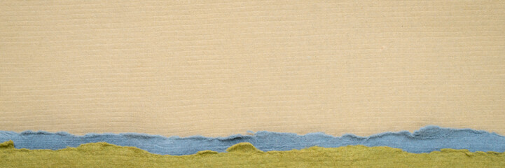 abstract landscape in blue, green and beige pastel tones - a collection of handmade rag papers, web banner