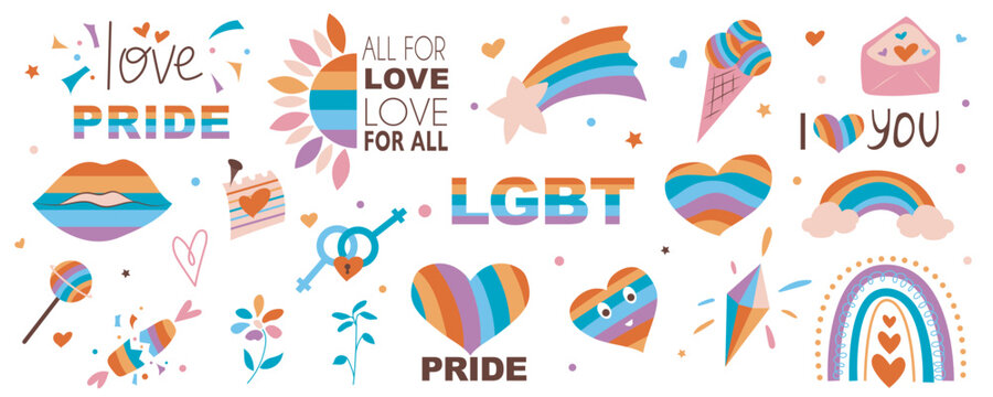 LGBT community mega set in flat design. Bundle elements of colorful rainbow hearts, kiss lips, candies, ice cream, diamond, venus and mars signs, other. Vector illustration isolated graphic objects