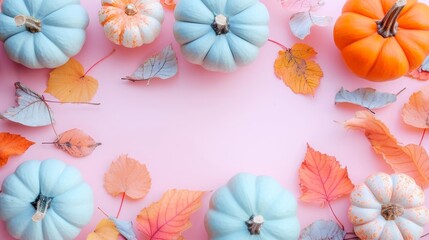Fototapeta na wymiar Group of Pumpkins and Leaves on Pink Background