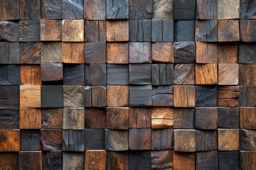 Cubic wooden wainscotting paneling wall, detailed surface material texture