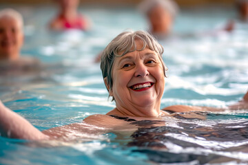 Fototapeta premium An elderly Woman Participating in Aqua Fit Class With Others in a Swimming Pool