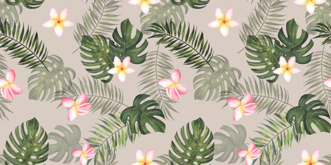 Tropical watercolor seamless background on beige. Jungle pattern with exotic flowers, monstera and palm leaves. Stock Jungle vintage wallpaper, fabric, textile.