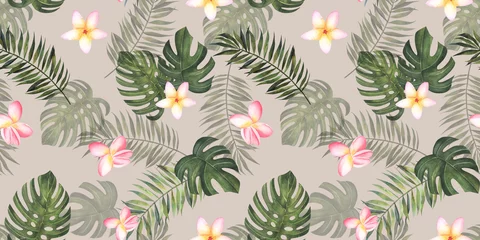 Poster Tropical watercolor seamless background on beige. Jungle pattern with exotic flowers, monstera and palm leaves. Stock Jungle vintage wallpaper, fabric, textile. © Elena