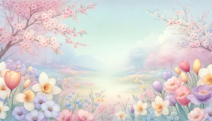 A serene landscape overflowing with spring blossoms, featuring a soft pastel palette that invites the viewer into a tranquil, blooming meadow.
