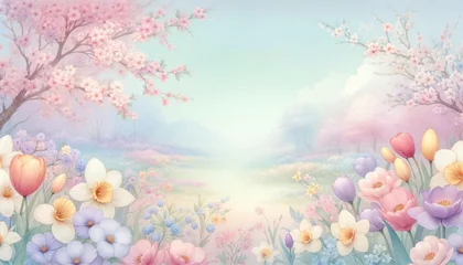 Poster A serene landscape overflowing with spring blossoms, featuring a soft pastel palette that invites the viewer into a tranquil, blooming meadow. © Oleg Kozlovskiy