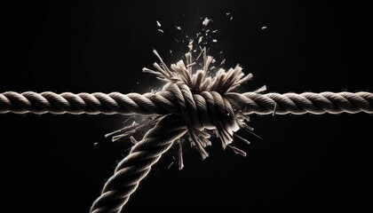 A high-resolution moment captures the dramatic burst of a frayed rope as it reaches its breaking point against a stark black background - obrazy, fototapety, plakaty