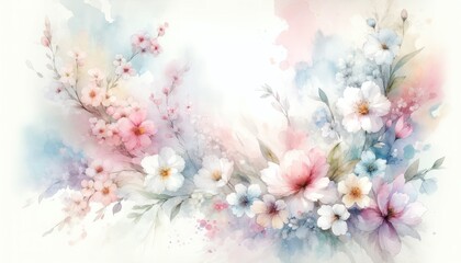 Captivating watercolor flowers burst with life, their pastel petals whispering tales of spring amidst a soft, whimsical backdrop