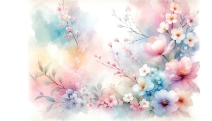 A soothing array of watercolor blossoms unfurls in soft pastels, blending seamlessly into a dreamlike haze of floral splendor.