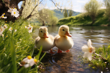 Baby ducklings in spring meadow