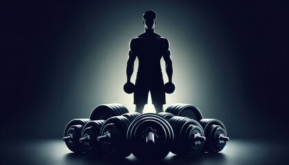The striking silhouette of a muscular individual standing amidst an array of heavy dumbbells, emanating an aura of focus and power in a dimly lit gym setting