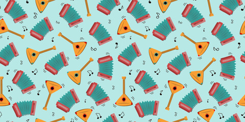 Accordion, balalaika, musical notes. Seamless pattern. Musical instruments. Plays the harmonica. Russian traditions, folklore. Song, music. Cartoon Drawing, doodle. Vector background. - obrazy, fototapety, plakaty