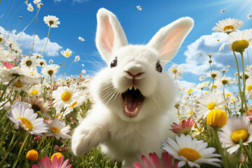 Fluffy bunny in spring garden