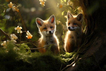 Curious fox cubs in a sunlit woodland