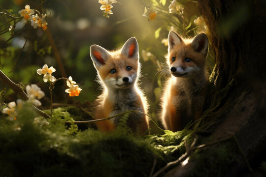 Curious Fox Cubs In A Sunlit Woodland